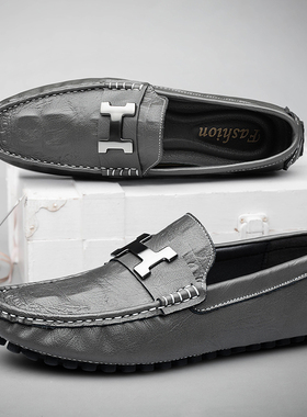 男款豆豆鞋真皮软底大码鞋高级感懒人鞋鳄鱼纹真牛皮男鞋灰色板鞋