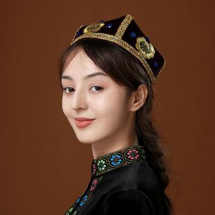 新疆舞帽子带辫子女维吾尔族民族头饰艺考舞蹈演出四角帽广场舞