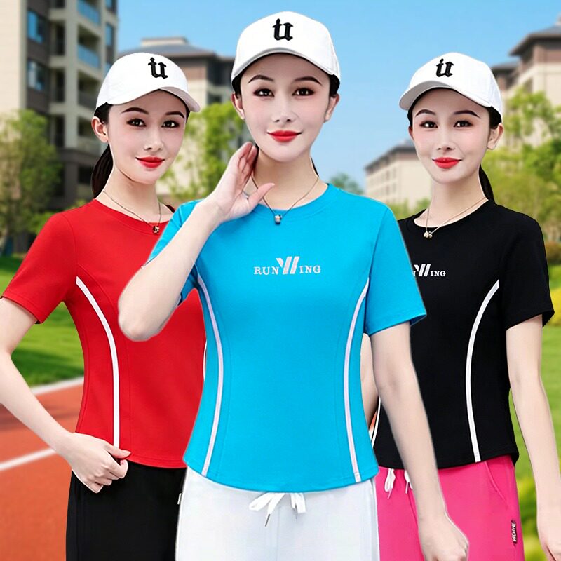 2026新款运动短袖T恤女上衣广场舞健身圆领线条修身刺绣字母服装