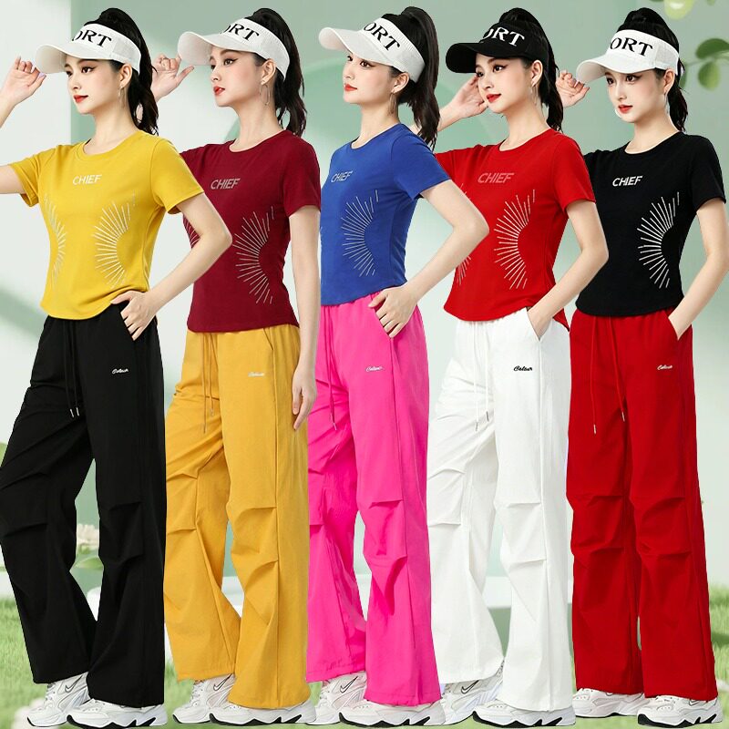 夏天广场舞服装舞蹈练习运动休闲套装女带钻时尚上衣跳舞演出服裤