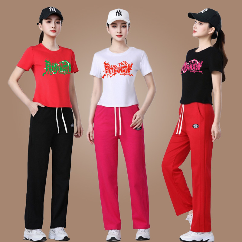 夏季时尚百搭广场舞服套装显瘦印花短袖上衣休闲跑步健身裤两件套