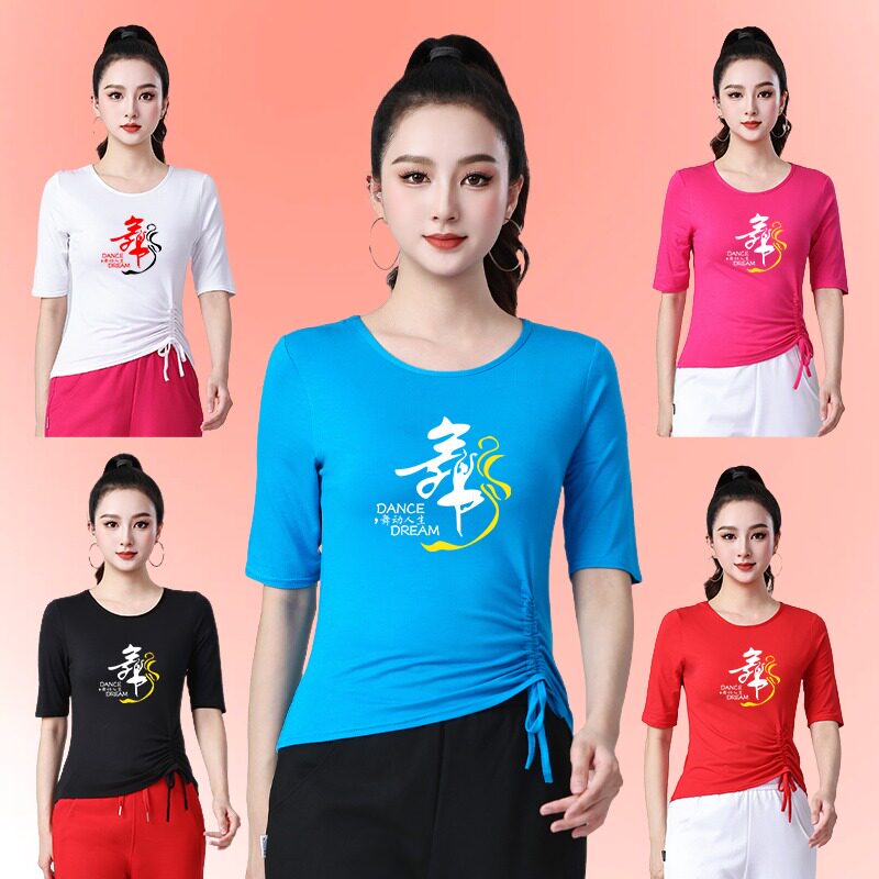 夏季广场舞女中袖修身印花上衣