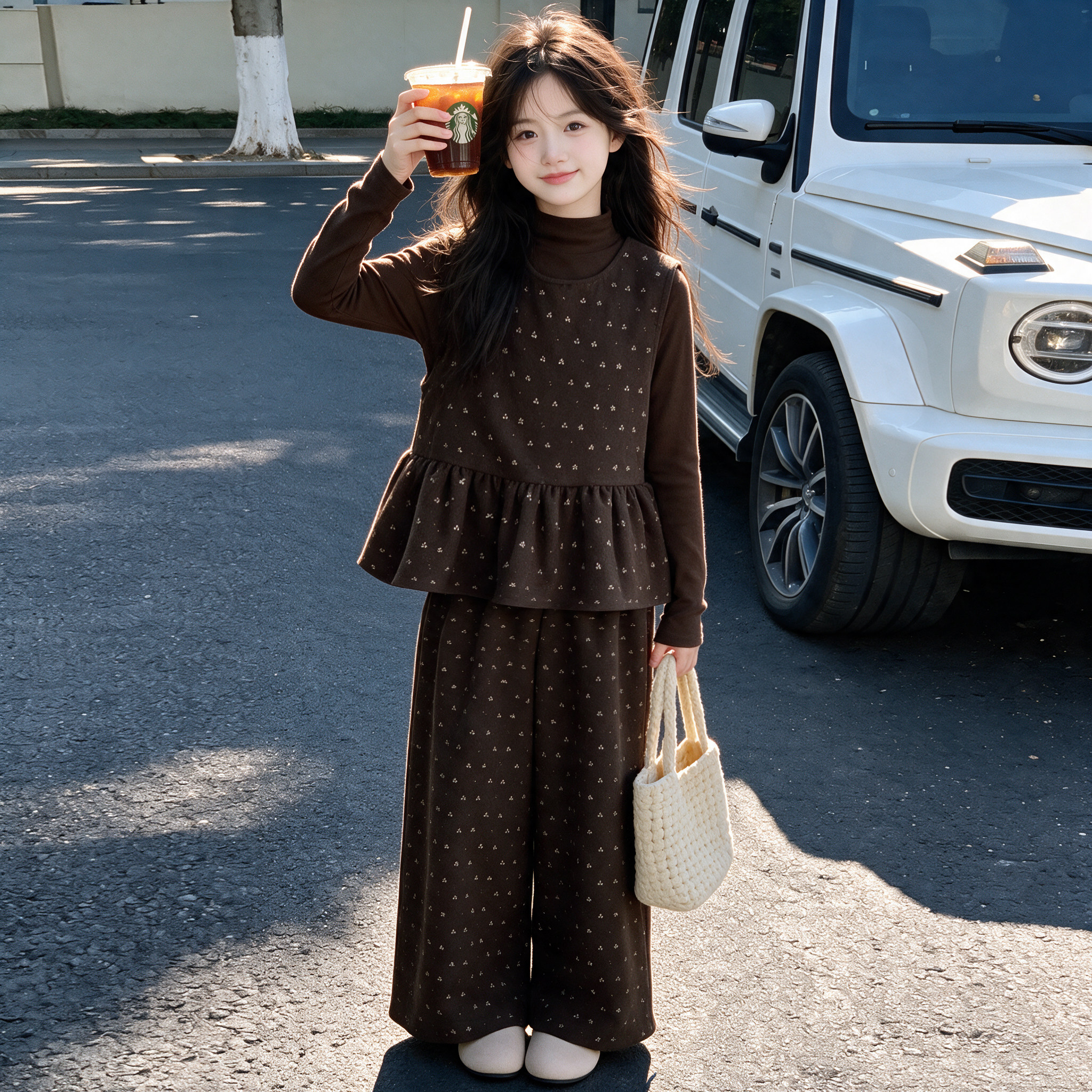 MAiDUYESHE轻奢女童秋装套装2026新款中大儿童碎花呢子马甲三件套