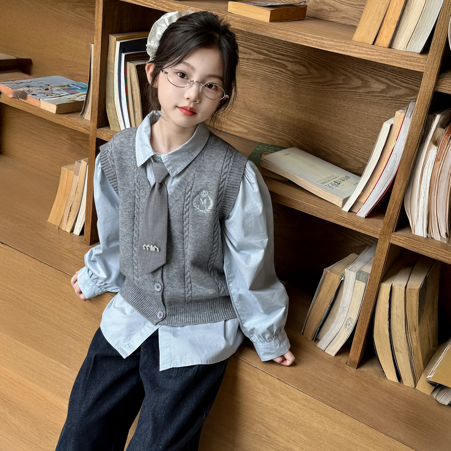 女童春秋学院风针织马甲三件套