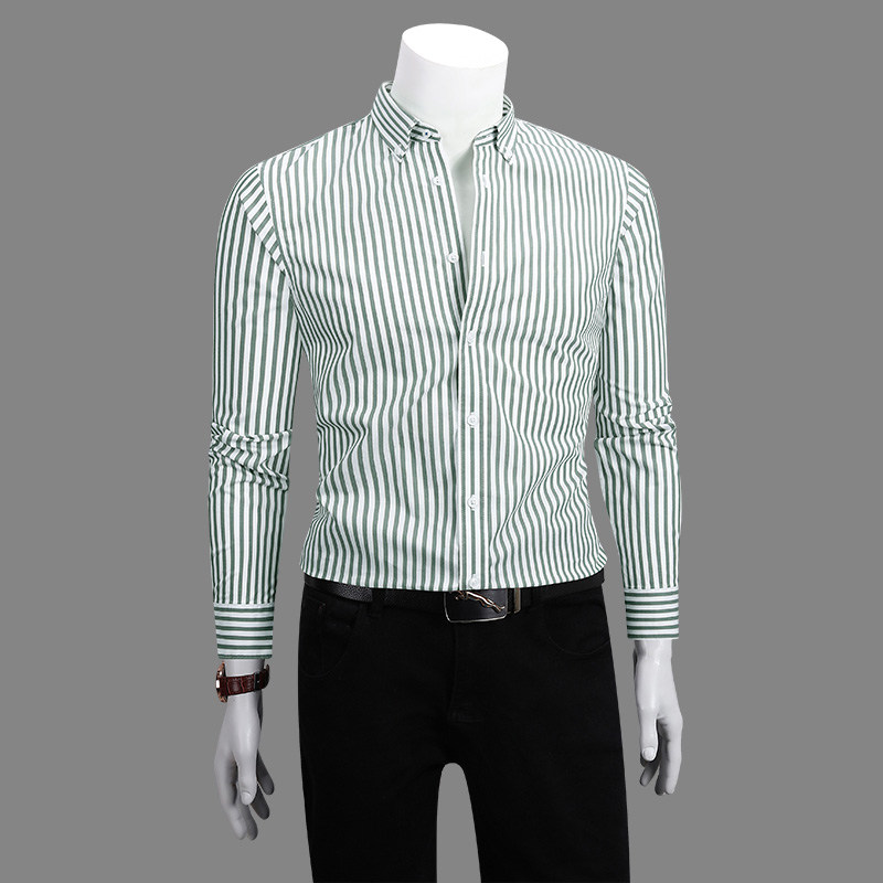 衬衫男长袖2026春季新款商务休闲绿色高级感纯棉条纹衬衣潮流痞帅