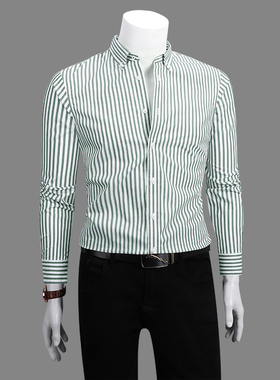 衬衫男长袖2025秋季新款商务休闲绿色高级感纯棉条纹衬衣潮流痞帅