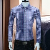 纯棉格子衬衫 男长袖 休闲蓝色港风潮流衬衣帅气寸衫 2025年夏季 修身