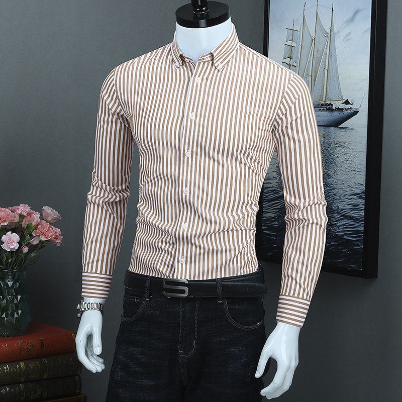 男士纯棉衬衫春季新款寸衫长袖高端休闲男装高级感条纹衬衣痞帅