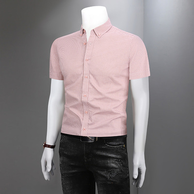 2025夏季新款纯棉格子纹衬衫男士短袖衬衣高级感免烫商务休闲寸衫