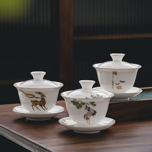 羊脂玉瓷不烫手功夫陶瓷茶具三才盖碗茶杯家用单个泡茶碗150毫升