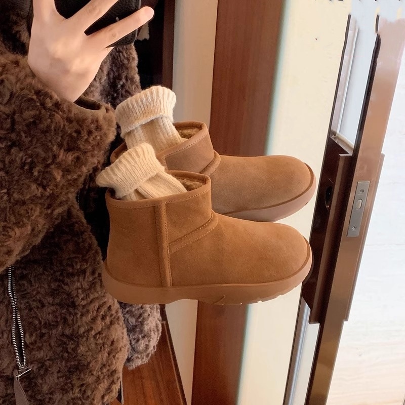 皮毛一体~圆头厚底保暖棉鞋减龄加绒加厚短筒雪地靴女秋冬抗寒冷