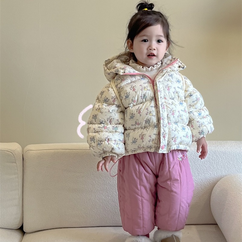2024新款韩版冬季女童90白鸭绒羽绒服儿童洋气小仙女印花保暖外套