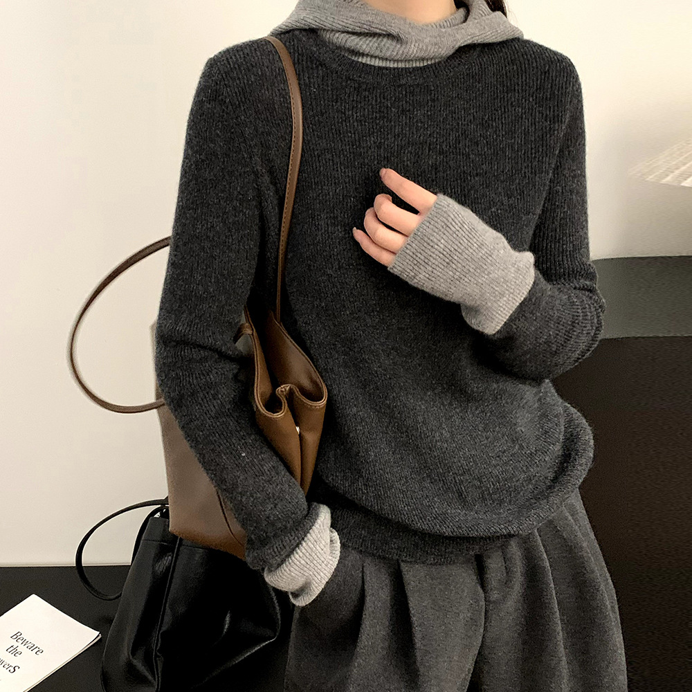 韩系假两件100羊毛针织衫撞色连帽卫衣女2025新款女装毛衣女秋冬