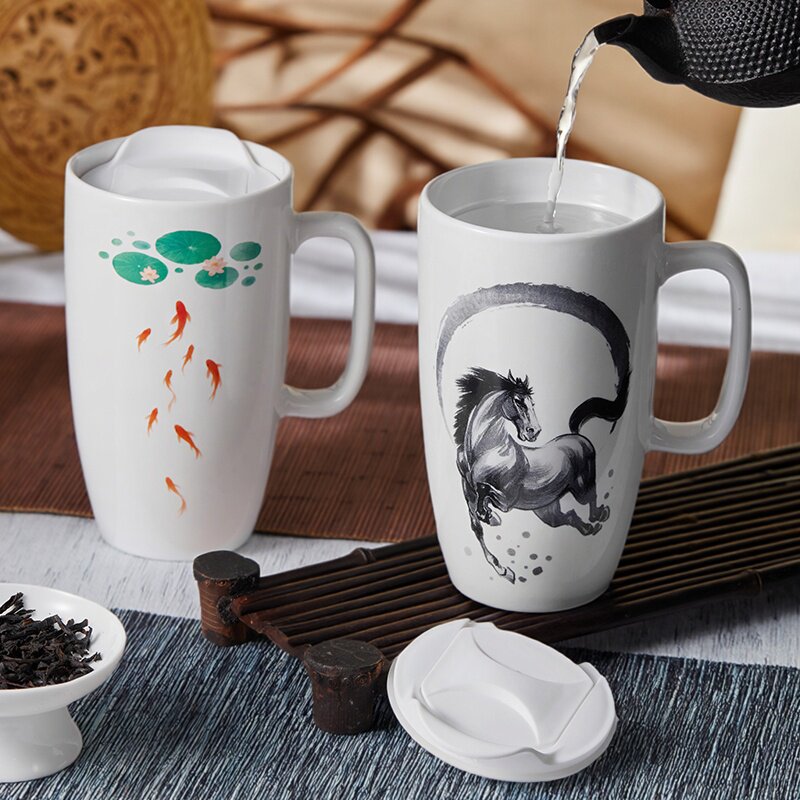 共禾京品新中式水墨陶瓷马克杯带盖大容量茶水杯马到成功550ml