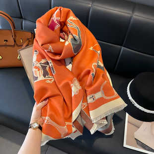 法国CINSKINS春光明媚~骑士战马羊绒围巾女秋冬季长款双面披肩