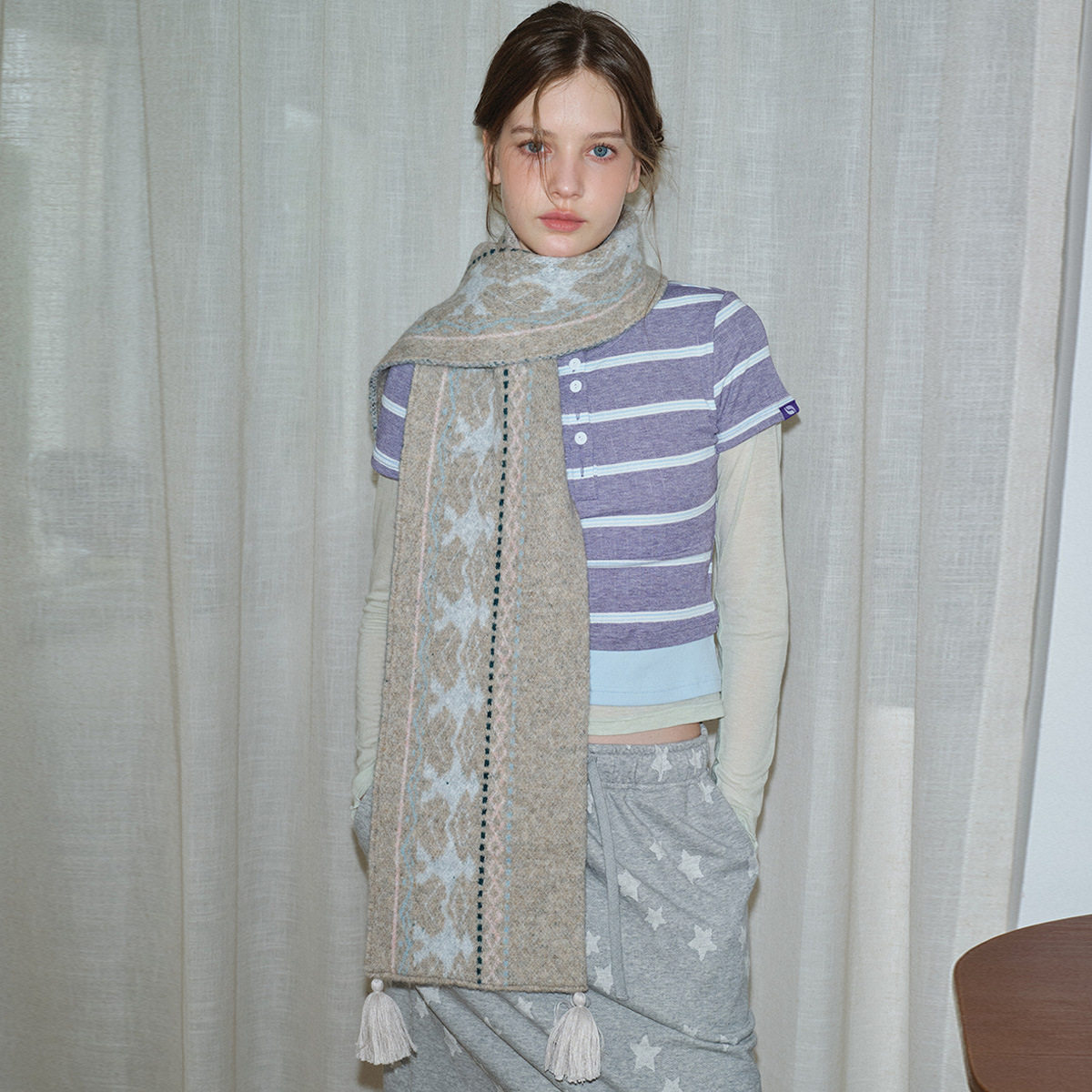 设计师同款平替羊毛混纺费尔岛围巾男女冬季挂须搭配柔软毛线围巾