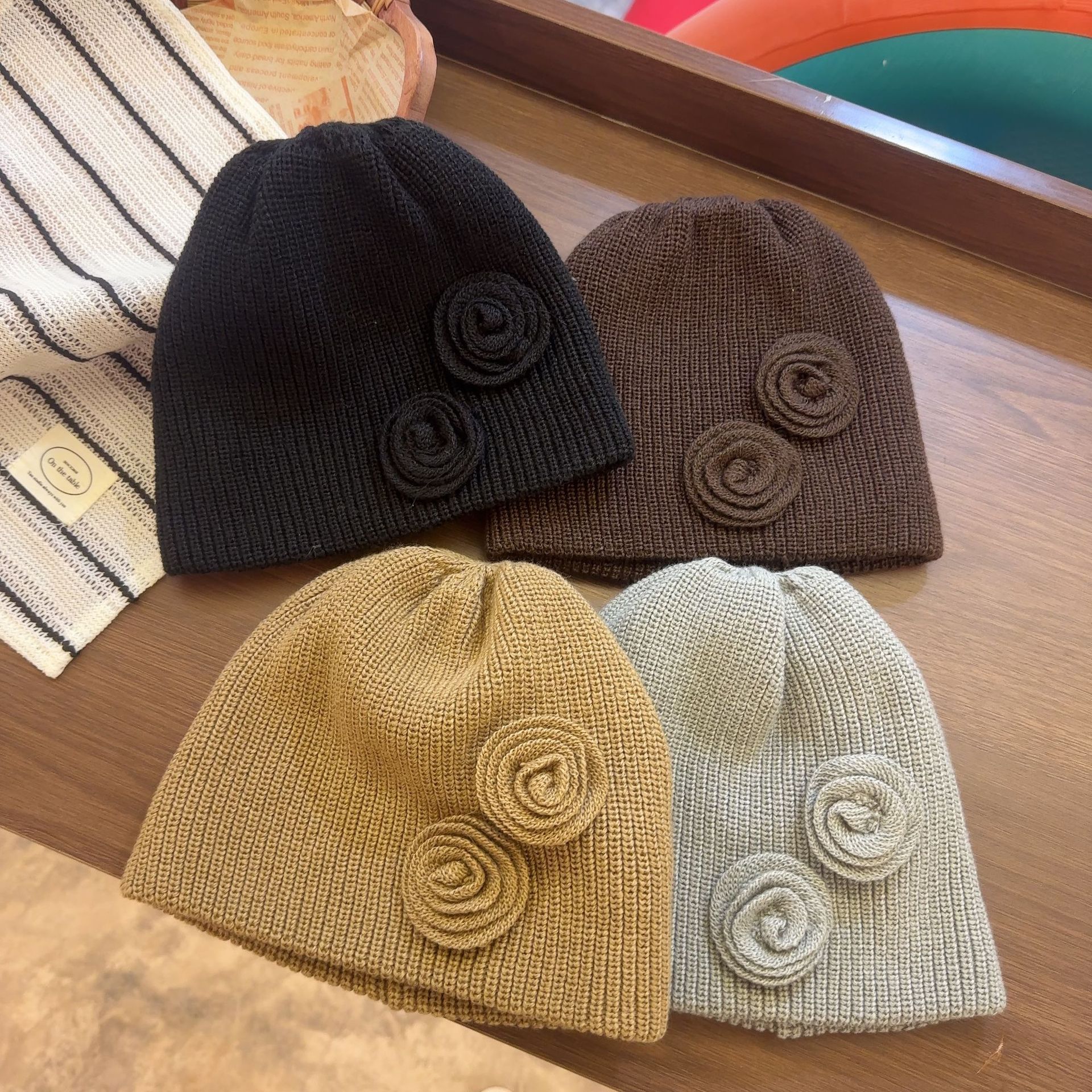 韩版立体玫瑰冷帽甜美百搭针织帽子女保暖毛线帽护耳防寒包头帽潮