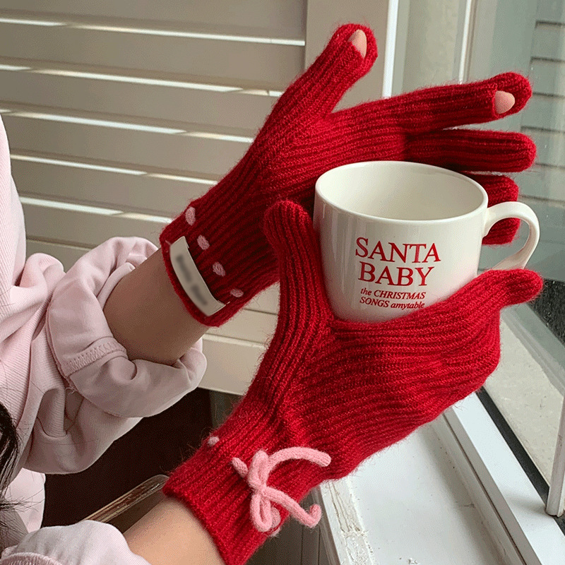 纯色针织手套秋冬天女保暖触屏防风加绒保暖防寒毛线手套女分