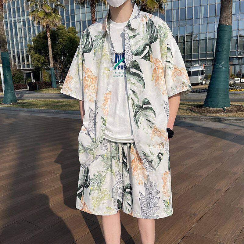 夏季碎花短袖大码沙滩痞帅套装潮图片