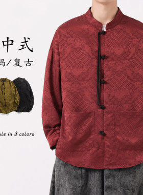 中国风夏季男士复古龟裂纹提花唐装立领短袖衬衫中式盘扣改良汉服