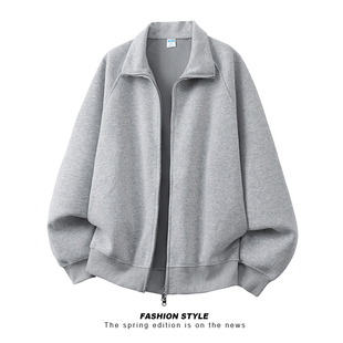 宽松情侣运动外套夹克上衣 卫衣男春秋季 美式 纯色重磅立领开衫