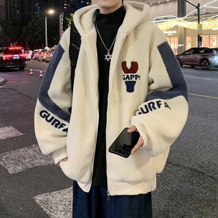 羊羔绒外套男士冬季加绒加厚保暖棉袄潮流学生宽松立领情侣棉衣服