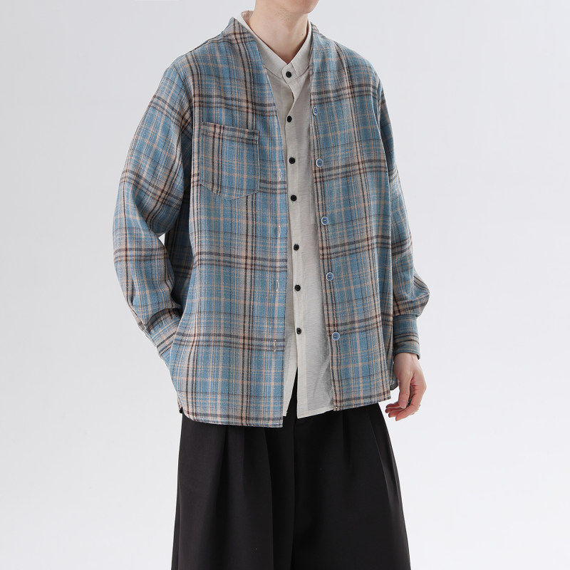 新中式复古格子高级感痞帅长袖衬衫宽松百搭中国风青年情侣外套