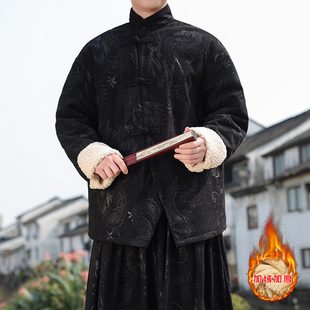 龙纹暗花灯芯绒羊羔毛夹克男款秋冬季新中式盘扣唐装加绒加厚棉衣