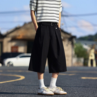 冰丝垂感西裤腰带设计休闲七分裤男夏季加肥大码潮牌宽松直筒短裤