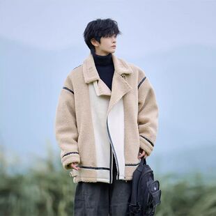 美式复古羊羔毛拼接皮毛一体棉服男冬季款棉衣外套潮牌加厚版棉袄