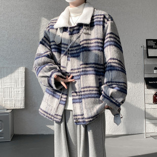 毛呢料格子羊羔毛棉服外套男潮牌美式复古慵懒风加绒加厚保暖棉衣