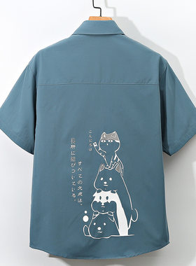 学院风夏季卡通印花大码短袖衬衫