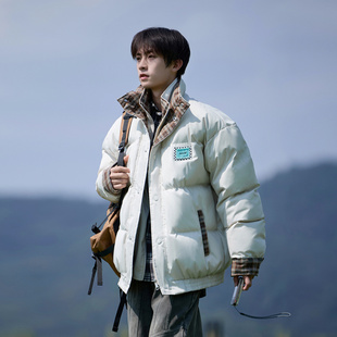 美式复古格子翻领假两件棉服外套男冬季款棉衣潮牌痞帅加厚版棉袄