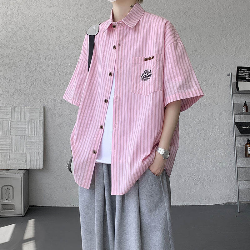 粉色条纹刺绣短袖衬衫男夏季学院风情侣衬衣美式潮牌复古半袖外套