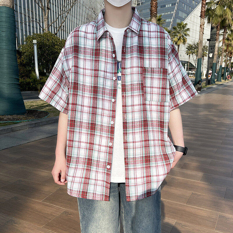 美式复古磨毛格纹短袖衬衫T恤男女夏季宽松百搭情侣休闲半袖衬衣,男装,衬衫,淘宝优惠券,粉丝福利购,淘宝优惠卷