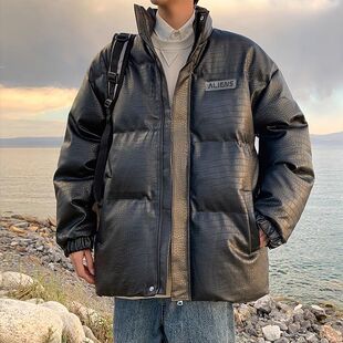 高级感PU皮衣棉服男冬季鳄鱼皮纹理痞帅棉衣美式高街潮牌宽松棉袄