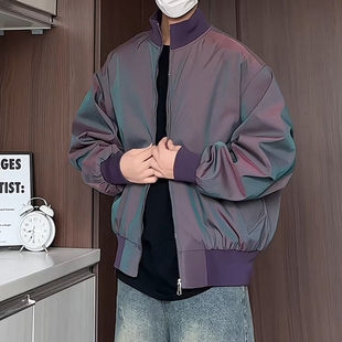 炫彩缎面短款飞行夹克外套男款春季美式cleanfit高级感痞帅棒球服