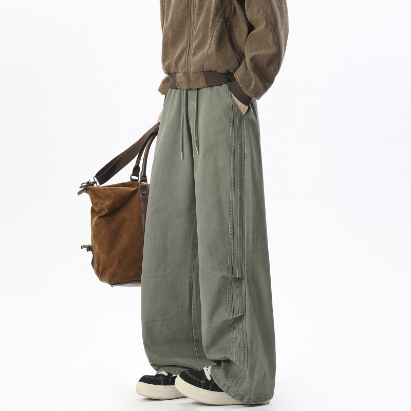 美式军绿色褶皱水洗直筒工装裤男秋冬纯棉复古条纹阔腿休闲长裤潮