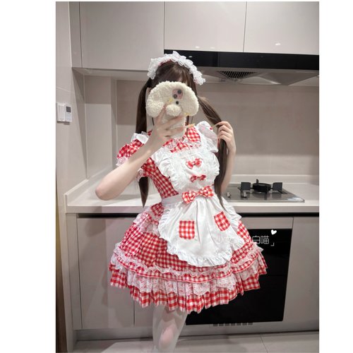 软妹红色格子女仆装女儿服大码