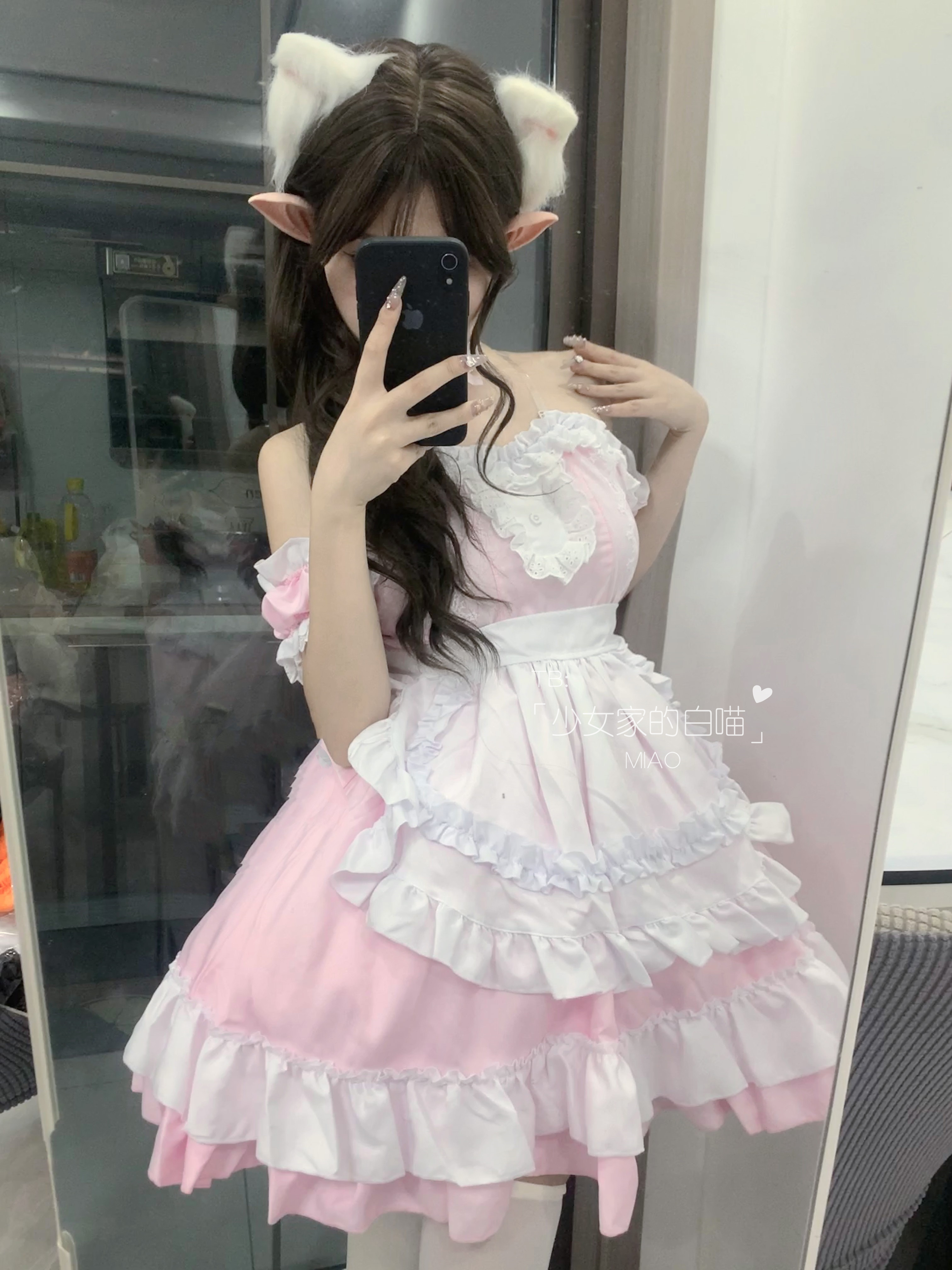 软萌抹胸粉色蕾丝女仆装连衣裙
