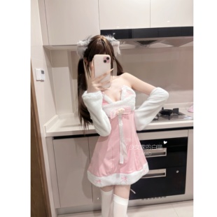 可爱猫咪粉色睡衣性感甜美毛绒萝莉抹胸睡裙cos服家居服套装 MIAO