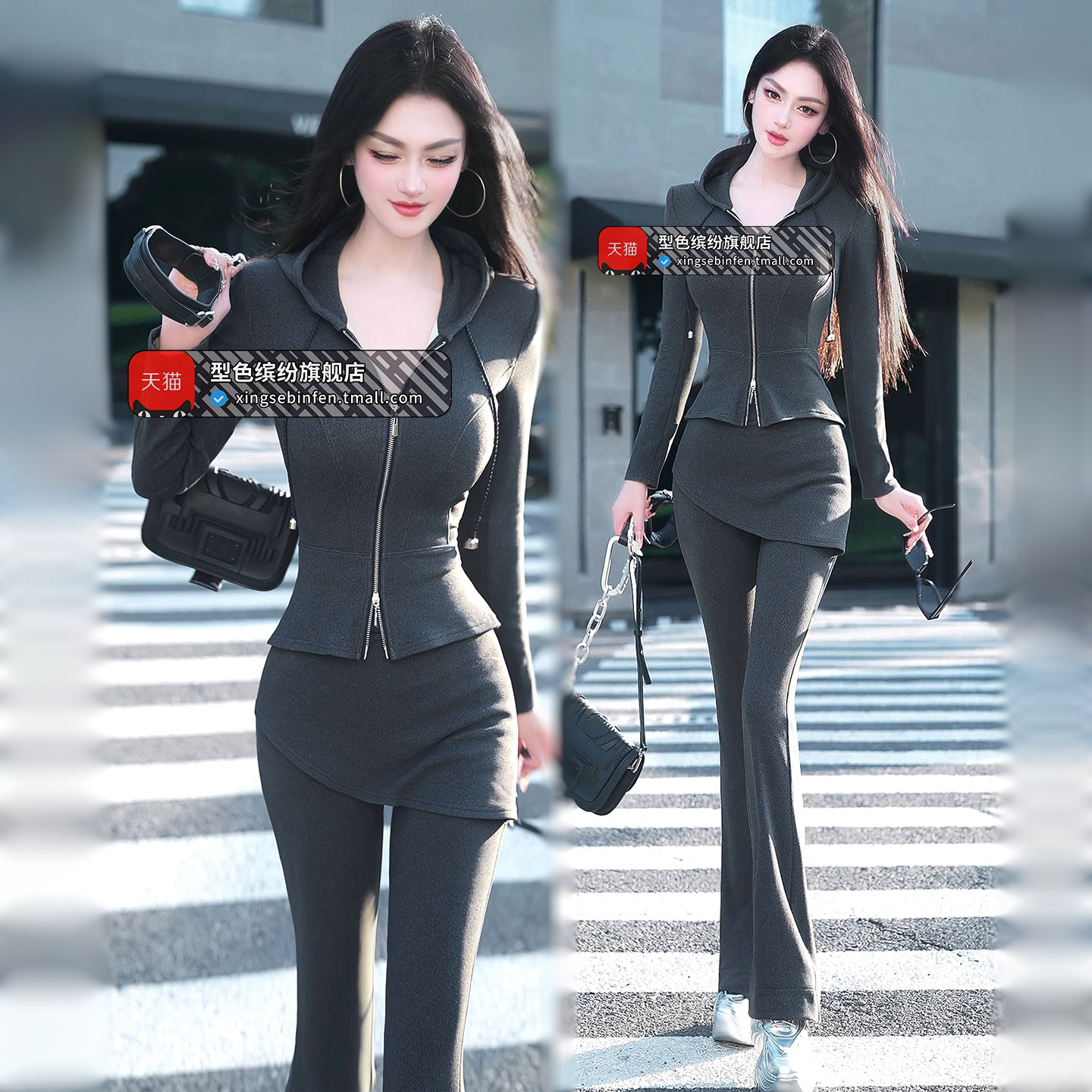 秋冬女装时尚拉链开襟连帽上衣休闲裤两件套2025新款洋气运动套装