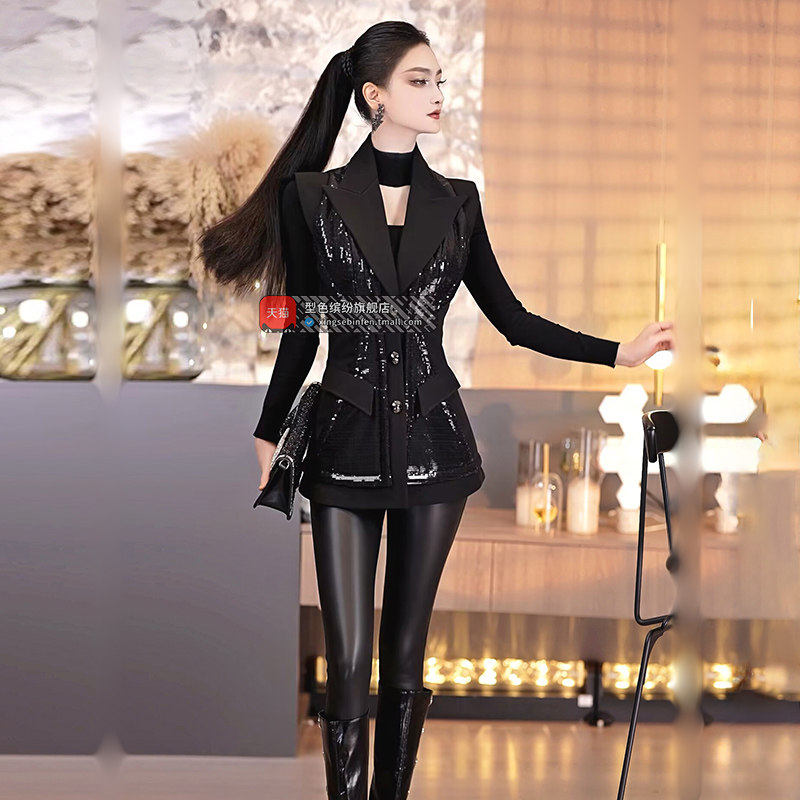 秋冬设计感珠片拼接西装翻领马甲新款欧美无袖棉外套