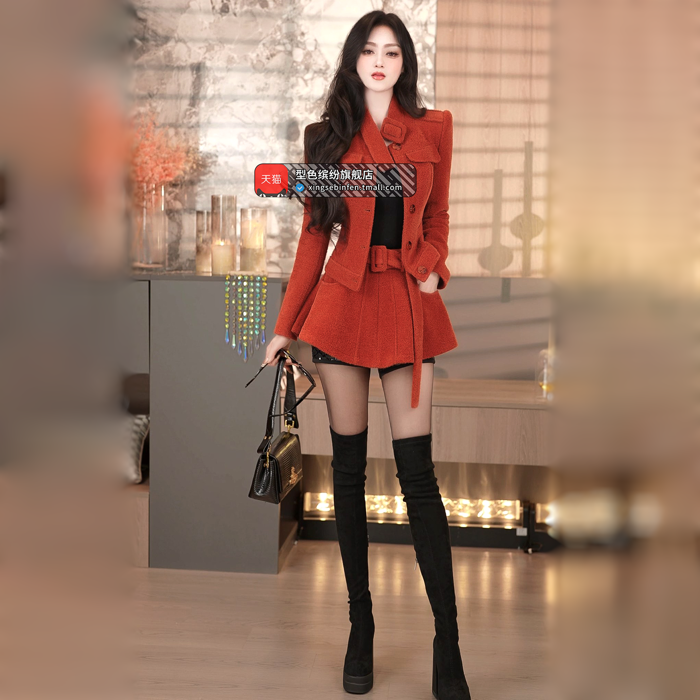 秋冬款设计感小高领上衣短裙两件套2025新款时尚减龄套装裙