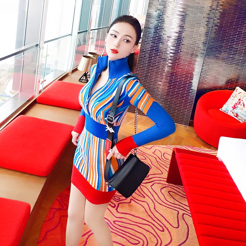 秋季新款高领修身风针织连衣裙