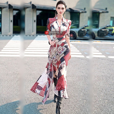 欧美波西米亚风收腰连衣裙2025新款时尚气质开衩中长款格纹印花裙