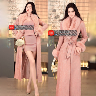 冬季女装定制粉色中长款棉服2025新款时尚可脱卸夹棉大毛领外套