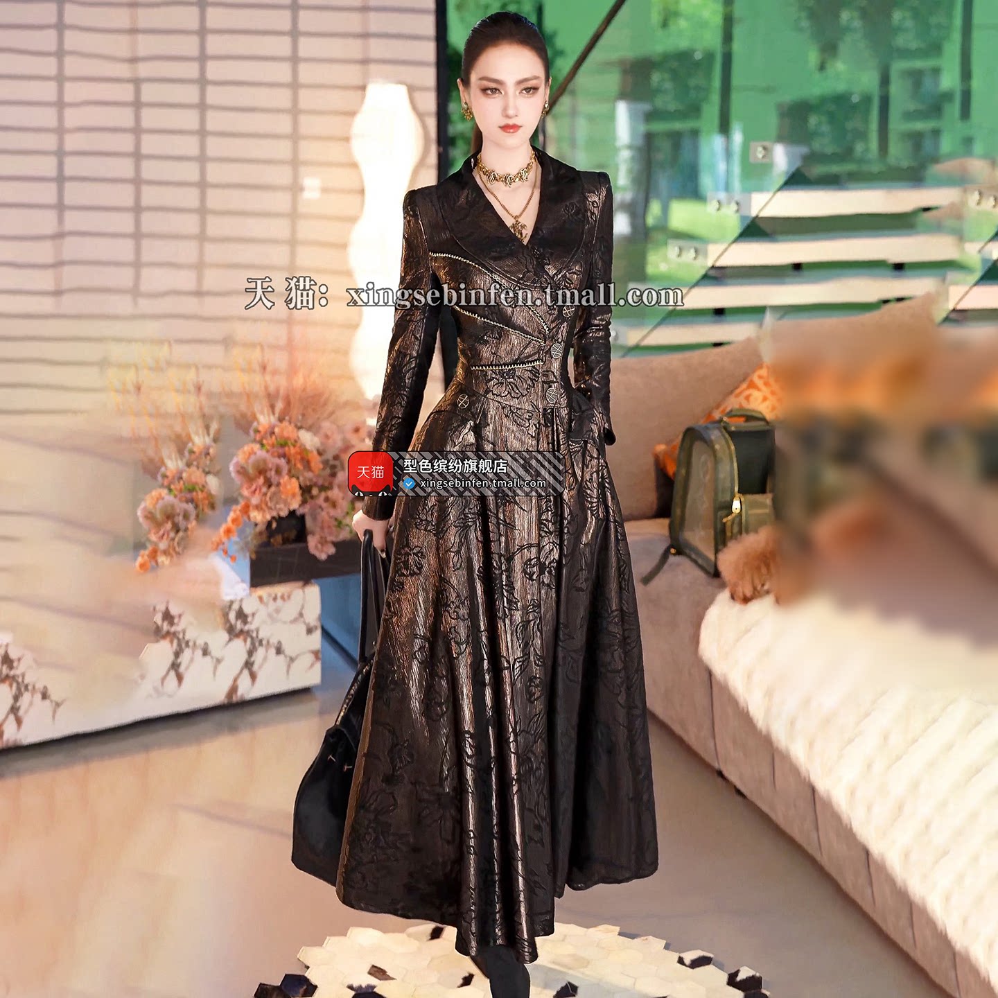 秋季欧美气质减龄提花风衣女2026新款时尚收腰大摆中长款长袖外套