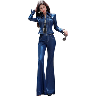 秋季帅气牛仔气质干练套装新品时尚上衣高腰喇叭裤两件套