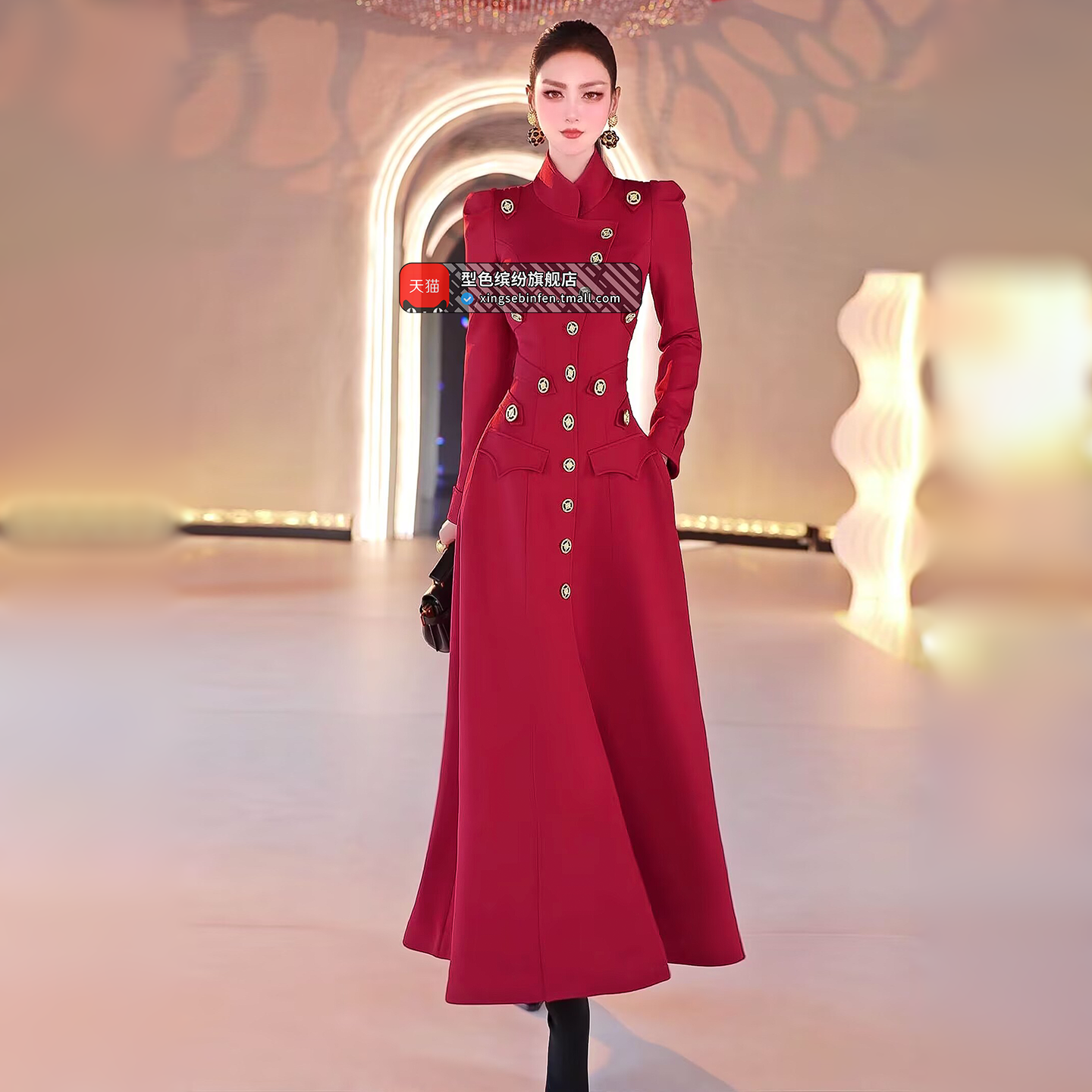 型色缤纷秋冬法式气质设计感中长款过膝红色大衣2025新款收腰外套